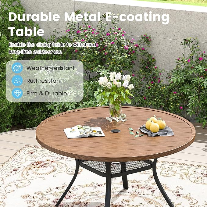 7 Pieces Patio Dining Set, 47" Round Dining Table with Umbrella Hole, 6 Stackable Textilene Fabric Chairs, Metal Structure for Patio, Porch, Garden(Walnut Table, Brown Chair)