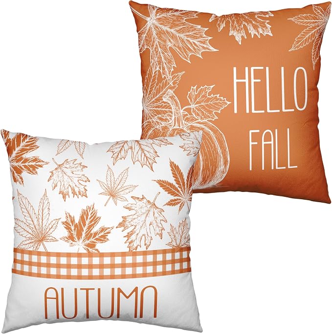 Hello Fall Pillow Covers Burnt Orange Maple Leaves Pumpkin Throw Pillow Covers 20x20 Set of 2 Autumn Pillowcase Double Sided Printing Cushion Case for Home Decor Couch Sofa