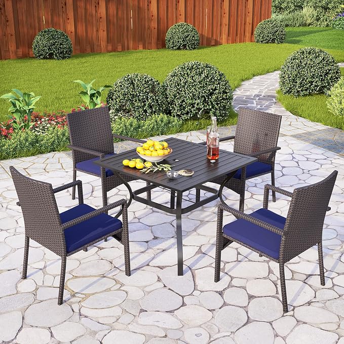 PHI VILLA Wicker Patio Dining Chairs Set of 4 with Removable Cushions | 4 Rattan dining chairs with thick removable seat cushions. Sturdy steel frame, easy assembly.