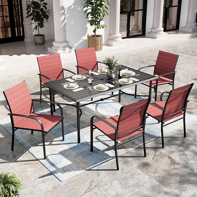 SUNSHINE VALLEY 7 Piece Patio Dining Set for 6, Rectangular Steel Dining Table with Umbrella Hole and Metal Frame 6 Chairs, Outdoor Table and Chairs Set for Lawn Backyard and Deck, Red