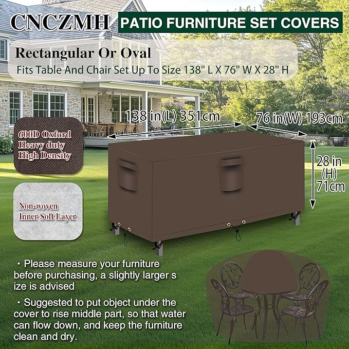 Heavy Duty Patio Furniture Covers Waterproof, 600D Outdoor Furniture Cover Waterproof for Sectional Sofa Couch, Outdoor Dining Table and Chair Set Covers 138''L x 76''W x 28''H, Brown