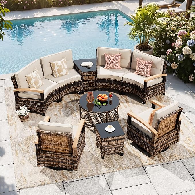 MEISSALIVVE 9-Piece Half-Moon Curved Outdoor Patio Furniture Set, Sectional Conversation Sofa with 2 Swivel Glider Chairs, Coffee & Side Tables for Backyard Deck Garden, Beige