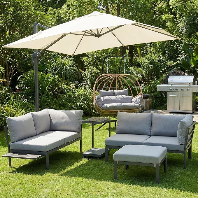 Patio Sectional Sofa Set for 4/5, All Weather Patio Furniture Set, Outdoor Patio Conversation Set with Cushions, Modular Patio Sofa Couch with Ottoman/Rolling Side Table for Fire Pit, Grey