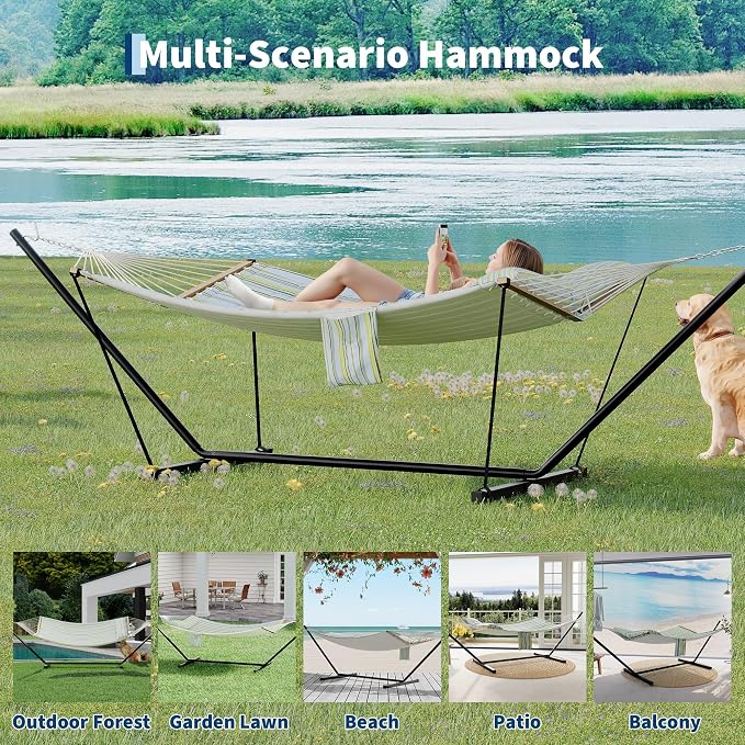Double Hammocks with Stand for Outside, Heavy Duty Portable Outdoor Hammock with Carrying Bag & Soft Pillow & Paded, 450 LBS Weight Capacity, Perfect for Outdoor Indoor Patio Backyard Garden