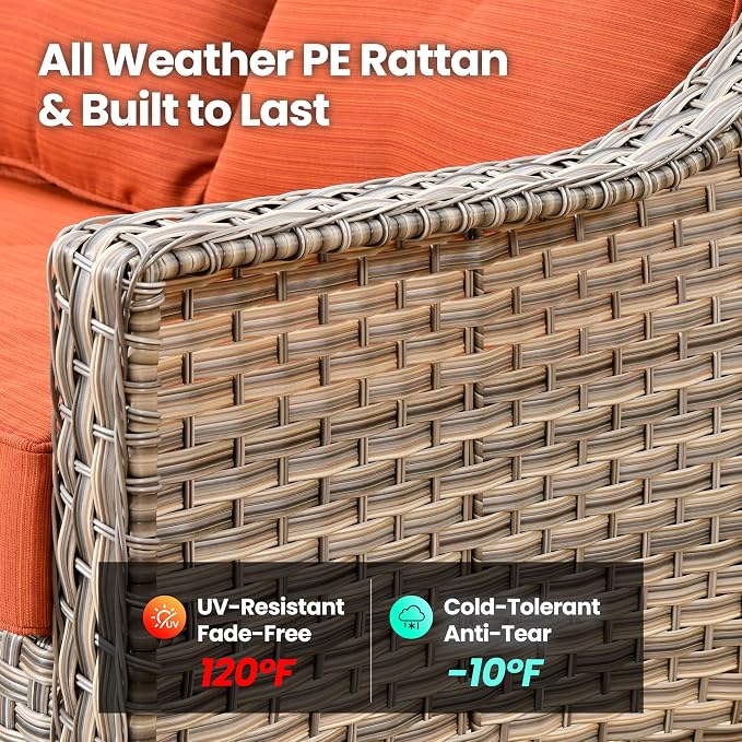 3 Piece Patio Furniture Set, Outdoor High Back Swivel Rocker Chairs Set of 2 with Side Table, All Weather Wicker Glider Chair with Thick Cushions for Backyard Balcony Porch, Orange