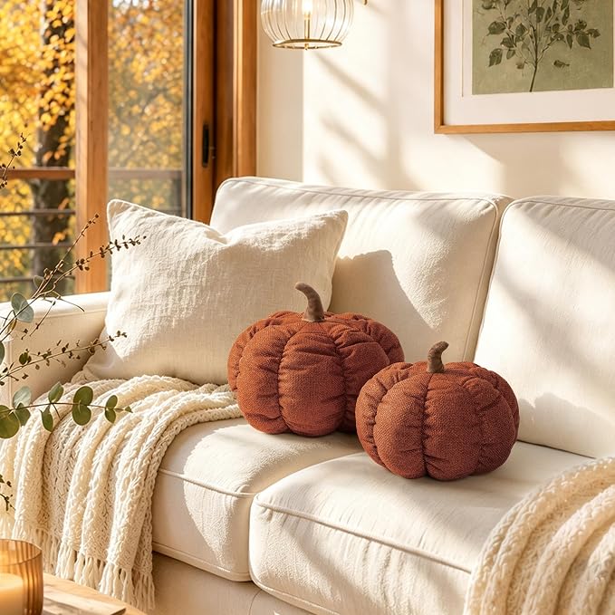 AELS Pumpkin Throw Pillows Set of 2, 14" & 10" Cinnamon Fall Pillows | for Couch Sofa Bed Living Room Home Decor, Farmhouse Textured 3D Fall Halloween Thanksgiving Decorative Accent Pillows