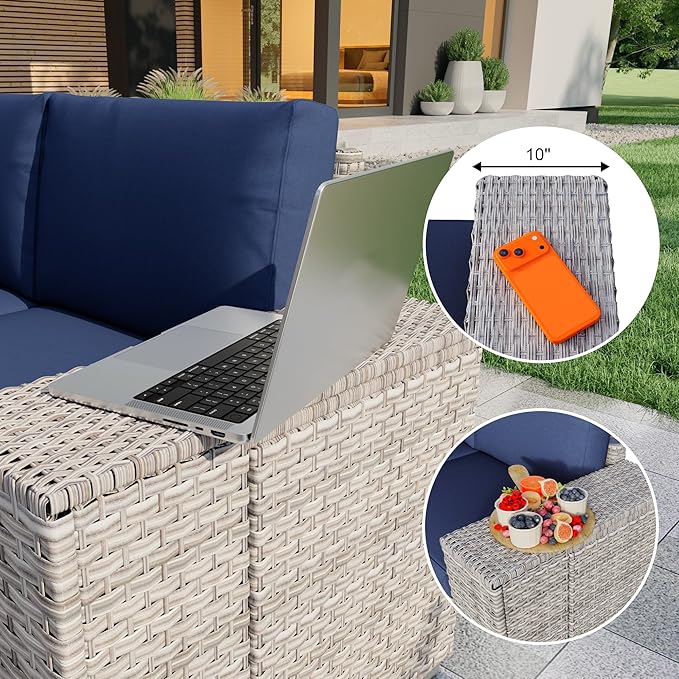 6 Pieces Patio Conversation Set, Rattan Furniture Set with Wide Armrests and Coffee Table, Outdoor Modular Sectional Couch Wicker Sofa for Garden Backyard Balcony Porch Deck (Blue Cushions)