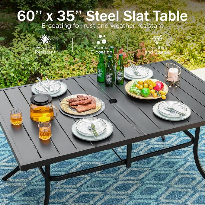 PHI VILLA 8 Pcs Outdoor Dining Set with 13ft Umbrella, Mesh Patio Chairs | 59'' rectangular metal table, 2 swivel & 4 fixed patio chairs and 13ft orange red umbrella(NO BASE) for deck, garden, yard