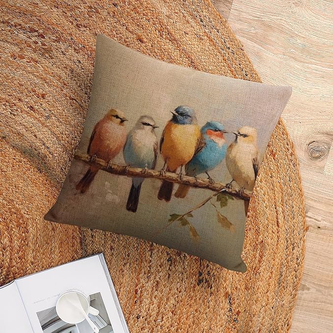 Pillowcases Colorful Birds Are Sitting on A Branch Farmhouse Pillow Cover Oil Painting Cute Birds Are Standing on The Branch Couch Pillow 20"x20" for Outdoor Bed Sofa Cutton Linen Cushion Cases