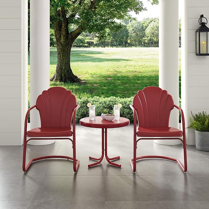 Crosley Furniture Tulip 3-Piece Outdoor Chair and Side Table Set, Retro Metal Patio Conversation Sets, Red