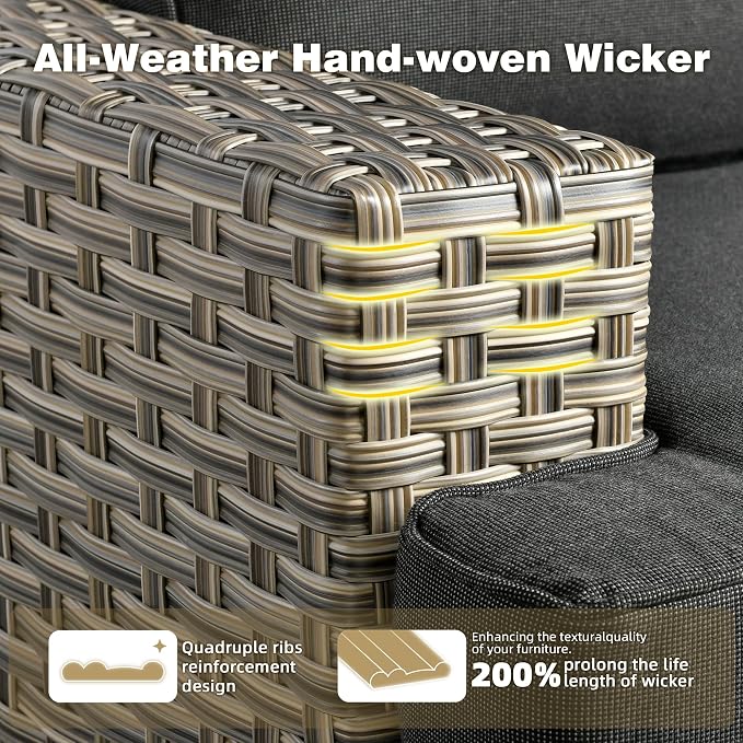 CAODOC Patio Furniture Sets 7 Pieces Outdoor Sectional Rattan Sofa Manual Weaving Wicker Patio Conversation Set with Ottomans and T Cushion(Black)