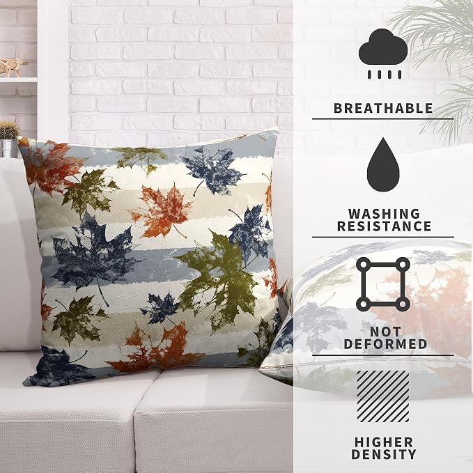 Set of 2 Thanksgiving Fall Pillow Covers Maple Leaves Decorative Pillow Case 16x16 Autumn Cotton Linen Throw Pillow Covers Blue Grey White Stripes Farmhouse Pillow Case for Couch Sofa Car