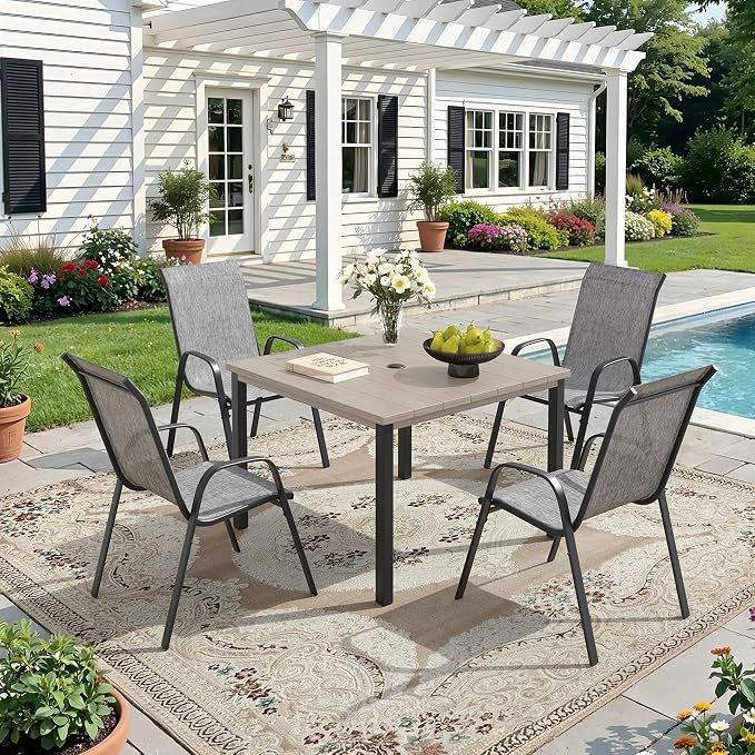 DIFY 5 Piece Outdoor Dining Set, 40" Grey Wood-Like Square Metal Patio Table and Grey Textilene Stackable Chairs for 4, All Weather Patio Furniture Set with Umbrella Hole for Backyard Garden Deck