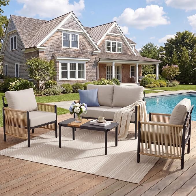 Aluminum Patio Furniture Set, 4 Seats Outdoor Patio Furniture with Coffee Table, Outdoor Wicker Conversation Sets with Cushion for Backyard, Balcony,Porch,Light Grey