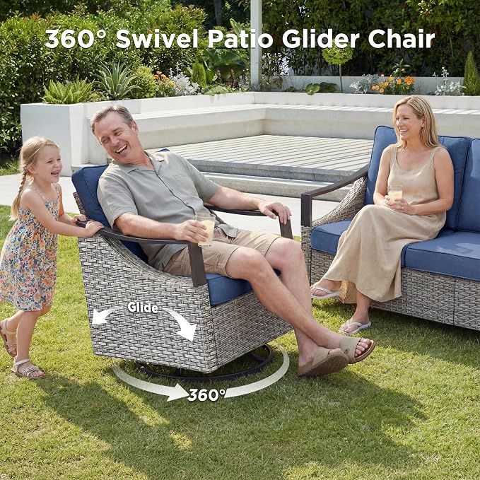 7 Piece Outdoor Patio Furniture Sets-High Back Wicker Swivel Rocker Patio Chairs Set of 4 with Thick Cushions Ottomans, Outdoor Sofa, Patio Conversation Sets for Porch Balcony Patio Deck Grey/Blue