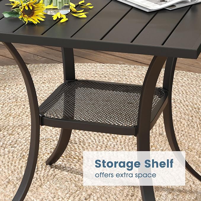 DIFY 3 Pieces Outdoor Patio Dining Set for 2, 27.6" Small Black Square Metal Dining Table and 2 Brown Textilene Swivel Dining Chairs, Outdoor Table and Chairs