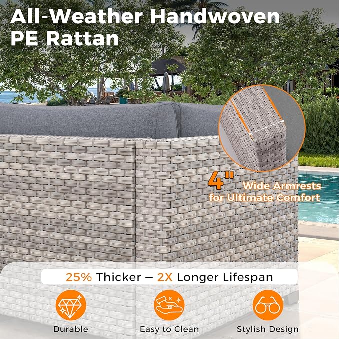8-Seat Outdoor Wicker Patio Furniture Set with Fire Pit Table, Modular Rattan Sectional Sofa & 2 Swivel Rocking Chairs, 4" Thick Cushions, Rust-Resistant Frame,Gray