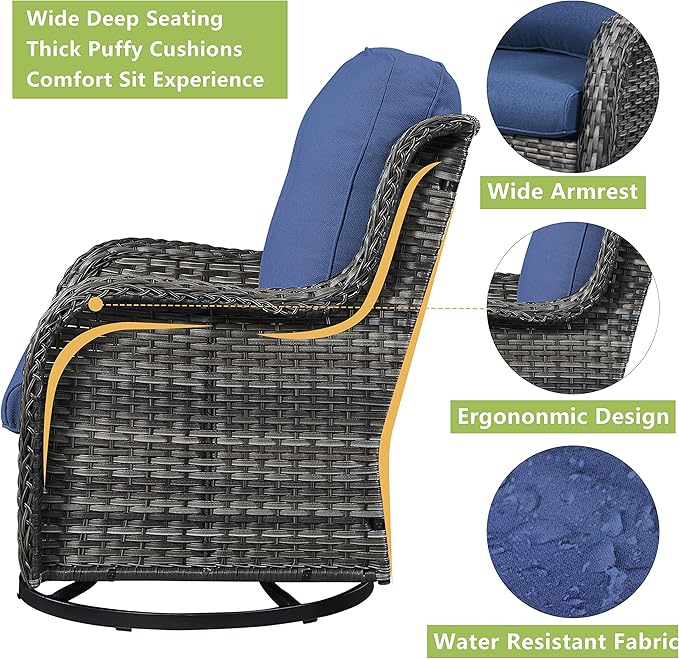 Patio Furniture Swivel Chairs Set - 6 Piece Wicker Rattan Outdoor Sectional Conversation Sets with 2 Swivel Rocking Chairs,2 Ottomans,1 Loveseat and 1 Coffee Table for Porch Deck(Mixed Grey/Blue)