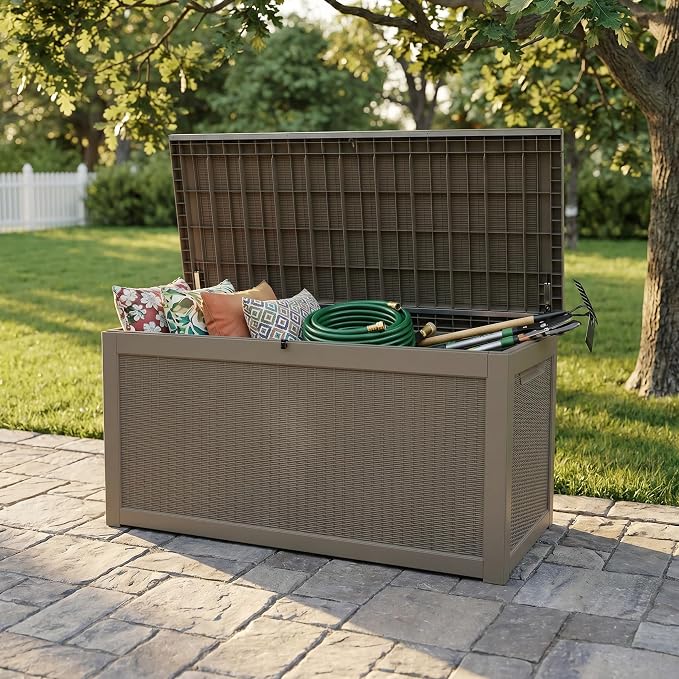 260 Gallon Deck Box, Waterproof Resin Outdoor Storage Box Lockable for Patio Furniture, Fade Resistant Patio Side Table & Organizer for Garden Tools, Pool Float, Outdoor Cushions, Light Coffee