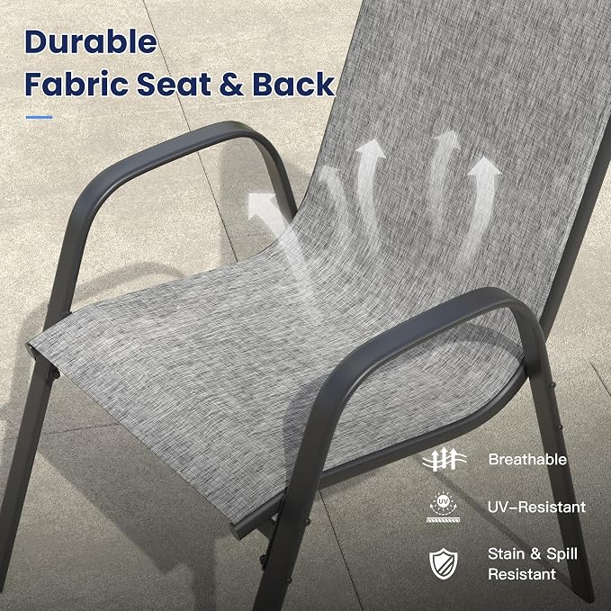 VICLLAX Round Patio Dining Set for 4, Metal Slatted Patio Table with Umbrella Hole and Stackable Patio Chairs for Deck Lawn Garden, Grey Fabric and Antique Grey Tabletop