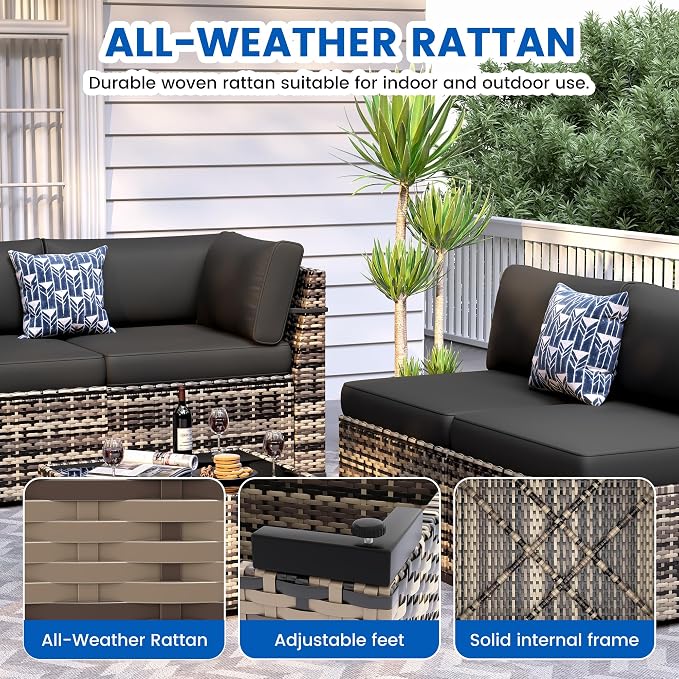 Patio Furniture Sets, 7-Piece Outdoor Patio Furniture with Thick Cushions,Coffee Table Outdoor All-Weather Conversation Set Sectional Sofa for Backyard, Poolside, Garden(Black)