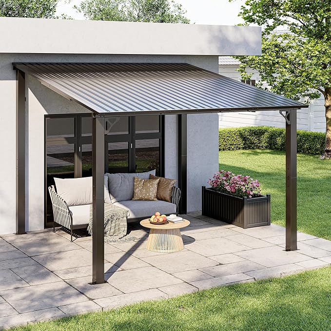 AirWire 10'x10' Lean to Gazebo, Hardtop Pergola with Metal Roof, Wall Mounted Heavy Duty Canopy Awning for Backyard, Deck and More