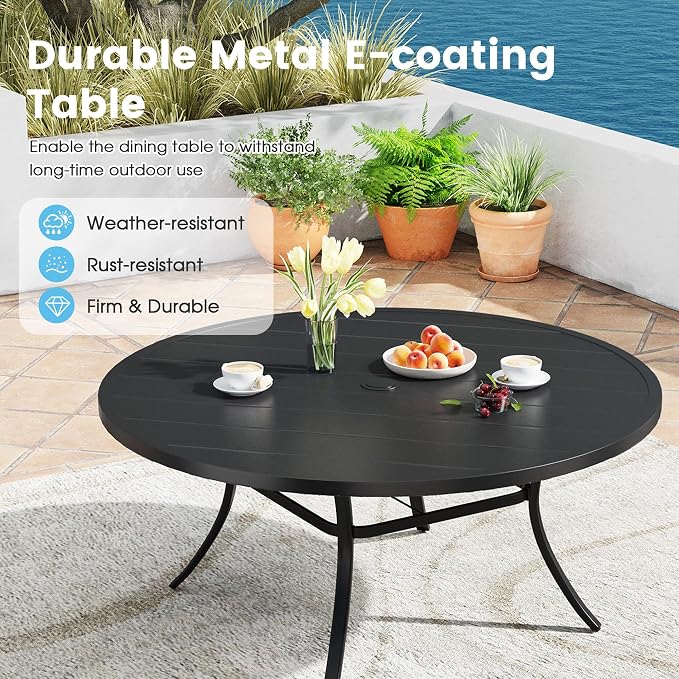 11 Pieces Patio Dining Set, 60" Round Dining Table with Umbrella Hole, 10 Stackable Textilene Fabric Chairs, Metal Structure for Patio, Porch, Garden(Black Table, Grey Chair)