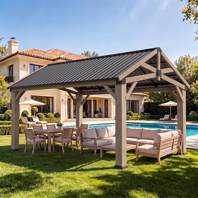 Aoxun 12' x 14' Outdoor Wood Gazebo, Hardtop Gazebo Permanent Wooden Pavilion with Galvanized Steel Gable Roof, for Patio, Garden, Deck, Cedar Wood