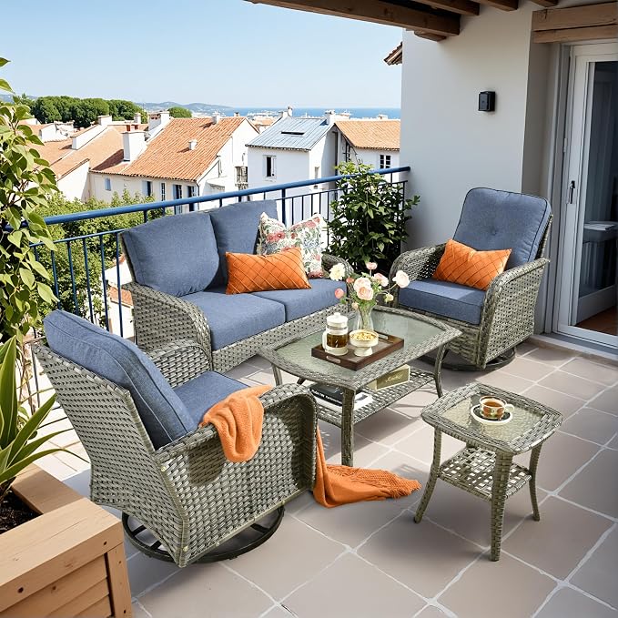 HOOOWOOO Patio Furniture Set,5 Pieces Outdoor Conversation Set,All Weather Wicker Loveseat Sofa Set with High Back Swivel Rocking Chairs Tables,Denim Blue