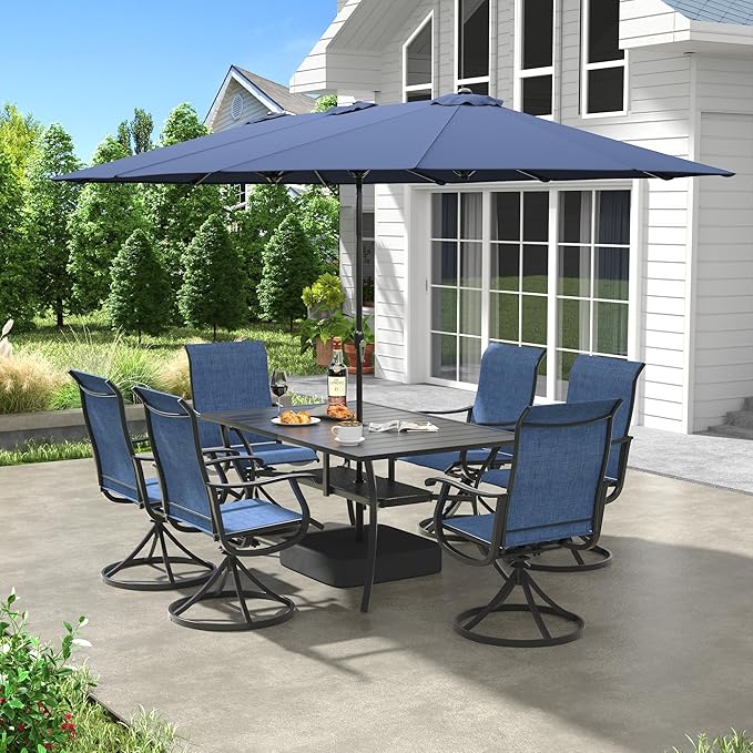 VICLLAX 8 Pieces Patio Dining Set with Patio Umbrella, 6 Patio Swivel Chairs and Metal Patio Table with 15ft Blue Outdoor Umbrella for Backyard, Navy Blue Chairs & Black Tabletop