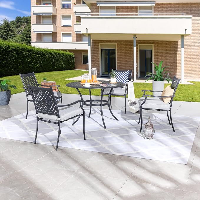 LOKATSE Home 5 PCS Outdoor Patio Dining Set with 4 Armchair with Cushions and 1 Round Table with 2.04" Umbrella Hole for Garden Backyard Poolside