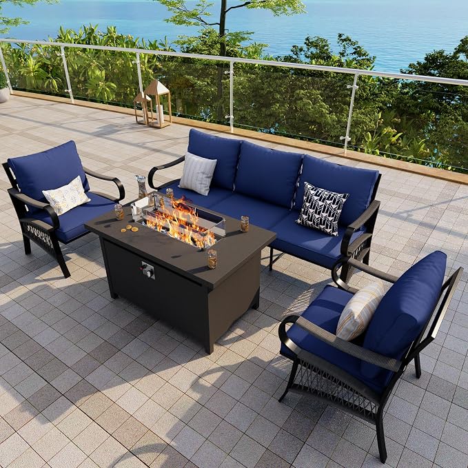 4-Piece Outdoor Furniture Set, Patio Conversation Set Include 3-Seater Sofa Couch Single Chairs with Fire Pit Table for Deck, Porch, Garden, Backyard, Poolside (Blue Cushions)