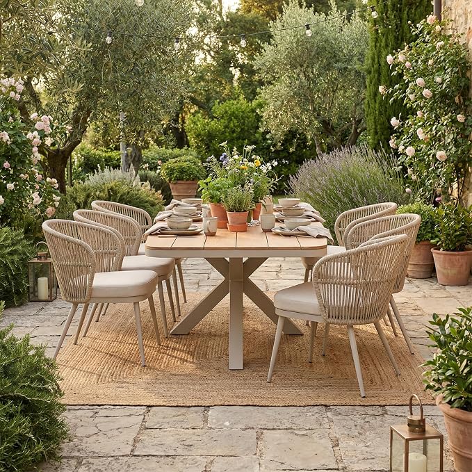 SUNSITT 9 Piece Outdoor Patio Dining Set, Patio Dining Furniture Set with 87” Aluminum Dining Table w/X Base Legs and 8 Woven Wicker Outdoor Patio Chairs w/Removable Cushions for Garden, Beige