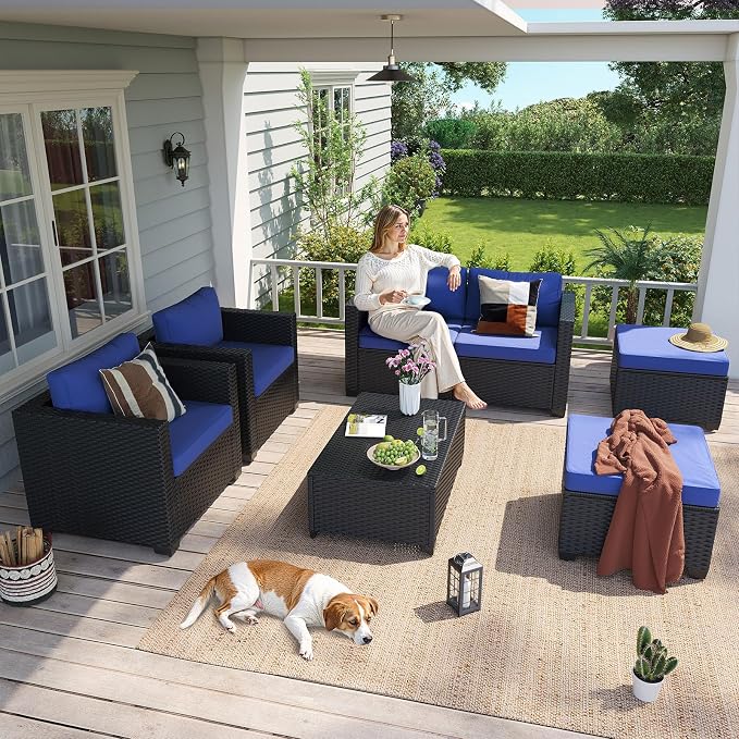 Aoxun 7 Piece Outdoor Patio Furniture Set 6 Seats, Outdoor Sectional with Thick Waterproof Cushions, Patio Conversation Sets for Garden,Backyard, Porch, Balcony, Deck, Black & Blue