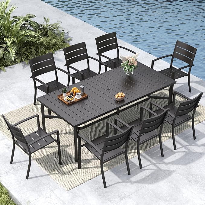 MFSTUDIO Patio Dining Set for 8, Black Metal Outdoor Table and Chairs Set with Umbrella Hole, 9 Piece Wrought Iron Patio Furniture Dining Set for Deck Backyard Garden