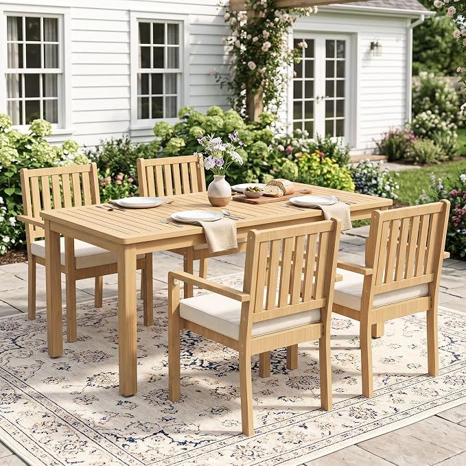 FansaFurn 5 Pieces Acacia Outdoor Patio Table and Chairs Set for All-Weather, Outside Furniture with Table Umbrella Hole and Removable Cushion for 4, Outdoor Patio Furniture Set for Garden, Brown