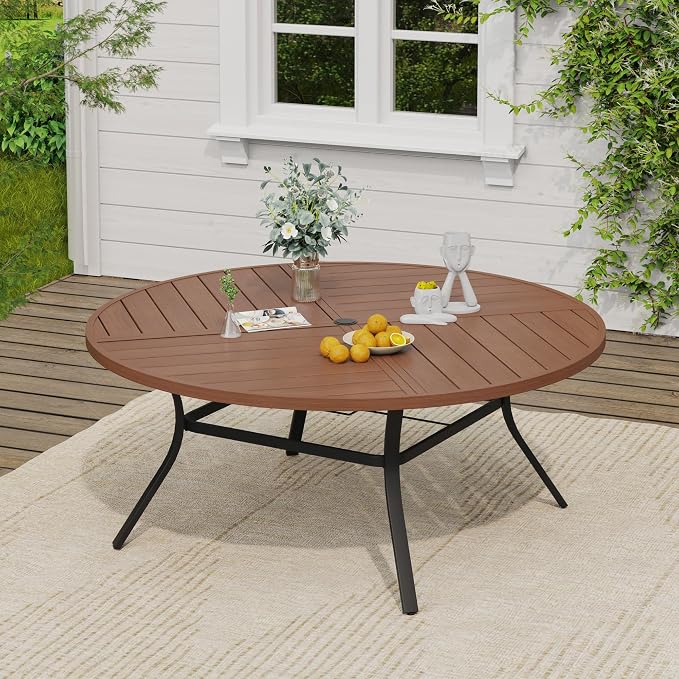 VICLLAX Round Outdoor Patio Dining Set for 10, Metal Slatted Patio Table with Umbrella Hole and 10 Stackable Patio Chairs for Deck Lawn Garden, Brown Fabric and Walnut Tabletop