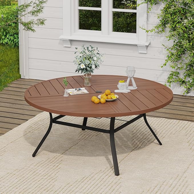 VICLLAX Outdoor Table and Chairs Set for 8, Patio Dining Set of 60 Metal Round Patio Table with Umbrella Hole & 9 Swivel Outdoor Dining Chairs for Backyard Lawn, Mixed Brown & Walnut