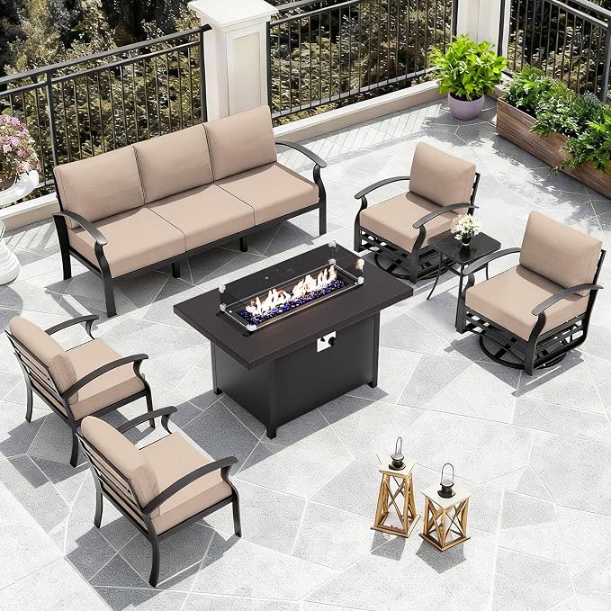 ALAULM Aluminum Patio Furniture Set with Propane Fire Pit Table Metal Outdoor Furniture w/Fire Pit Patio Conversation Sets w/5.1" Cushions and 7 Seats for Patio,Backyard,Poolside-Khaki