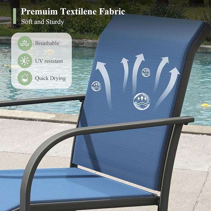 5 Pieces Outdoor Dining Set, Stackable Textilene Paito Chairs & 40.6" Round Dining Table with Umbrella Hole and Shelf, Patio Dining Set for Backyard, Deck, Garden, Dark Blue & Black
