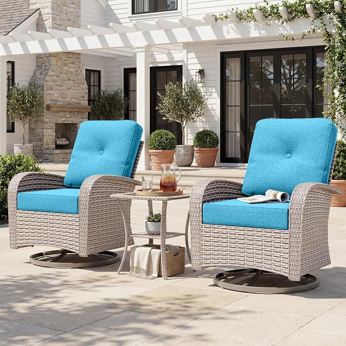 Patio Wicker Chairs Swivel Rocker, Outdoor Swivel Glider Rocker Chairs with Rattan Side Table, All Weather Conversation Set for Porch Poolside Balcony,Cyan