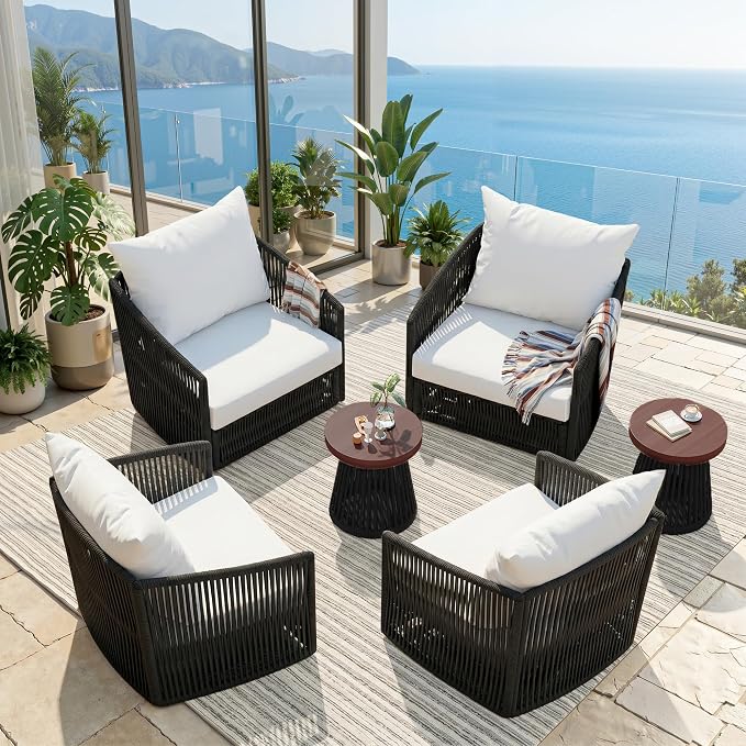 Outdoor Patio Furniture Set, 3 Pieces Outdoor Swivel Chairs with Coffee Table and Thick Cushion, Pe Wicker Rope Furniture Set for Entertaining, Balcony, Garden, Poolside, Black