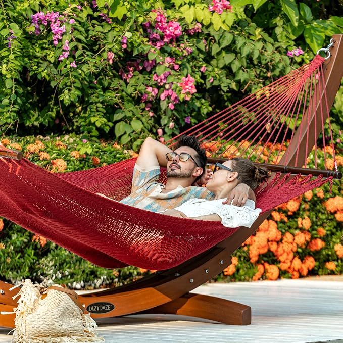 Lazy Daze Hammocks 10.5 FT Double 2 Person Caribbean Rope Hammock, Hand Woven Polyester Hammock with Spreader Bars, for Outside Outdoor Backyard Patio Poolside, 450 LBS Capacity, Red