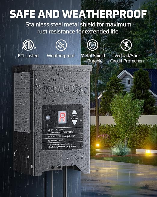 DEWENWILS 150W Low Voltage Landscape Lighting Transformer, 120V to 12/15V AC, Metal Shield, Outdoor Low Voltage Landscape Transformer, Photocell & Timer, Landscape Lighting Transformer