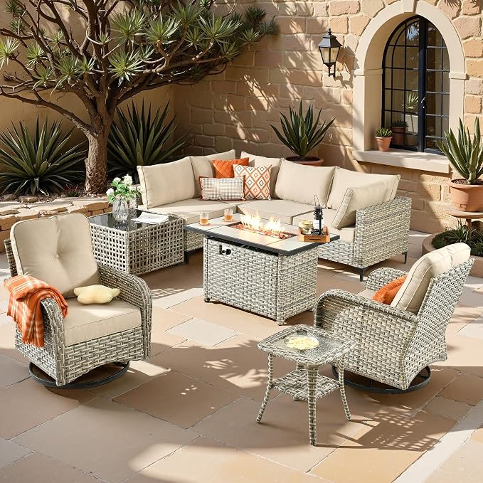 Outdoor Sectional Patio Furniture Set,9 Pieces All Weather Rattan Wicker Conversation Sets with Fire Pit,Out Door Furniture with Swivel Chairs Glowing Coffee Table,Beige