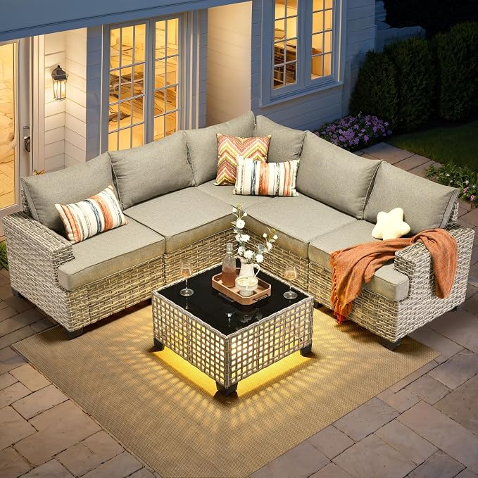 6 Pcs Outdoor Sectional Patio Furniture Set - All Weather Wicker Modular L Shaped Outside Sectional Sofa Couch,Patio Seating Outdoor Conversation Sets for Deck Yard Garden,Dark Grey