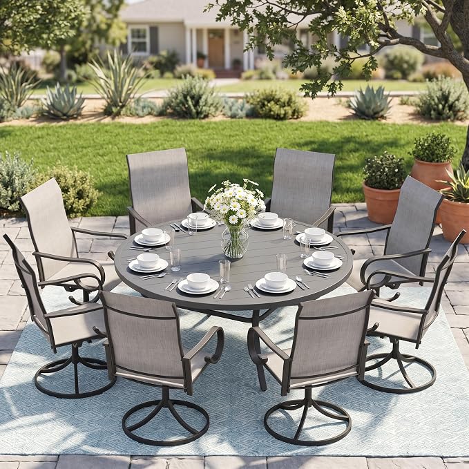 9 Pieces Patio Dining Set, 8 Outdoor Swivel Dining Chairs with 60" Round Metal Outdoor Dining Table with Umbrella Hole for Garden Backyard Deck, Grey & Dark Grey