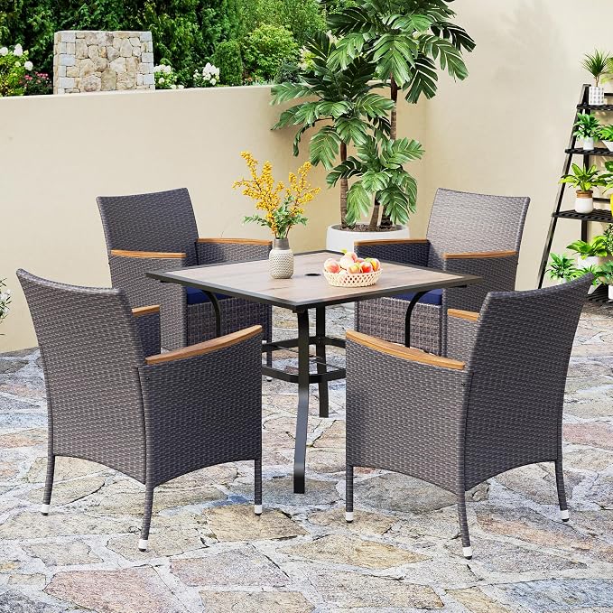 PHI VILLA High Back Wicker Patio Dining Chairs Set of 4, Wood Armrest | 4 Rattan dining chairs with thick removable seat cushions. Sturdy steel frame, easy assembly.