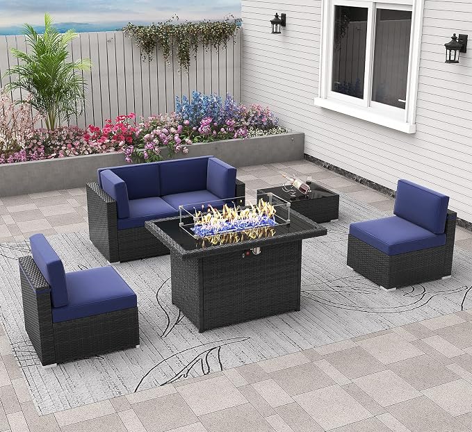 6 Pieces Patio Furniture Set with 44" Propane Gas Fire Pit Table, Outdoor Sectional Wicker Conversation Sofa Sets with Coffee Table