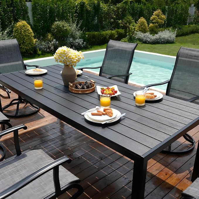 PIZZELLO 7 Piece Patio Dining Set with 6 Outdoor Swivel Dining Chairs and 83" Rectangular Dining Table, All Weather Textilene Patio Chair and Metal Table for Deck Lawn Garden